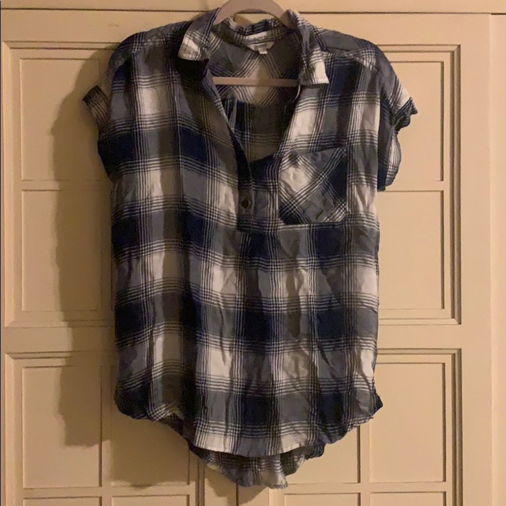 Blue plaid cap sleeve blouse